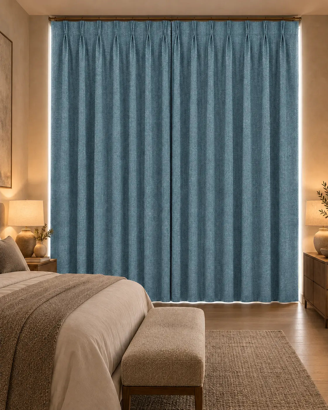 Double rideaux Merino 14 en situation dans une chambre, occultant non-feu, coloris bleu pétrole
