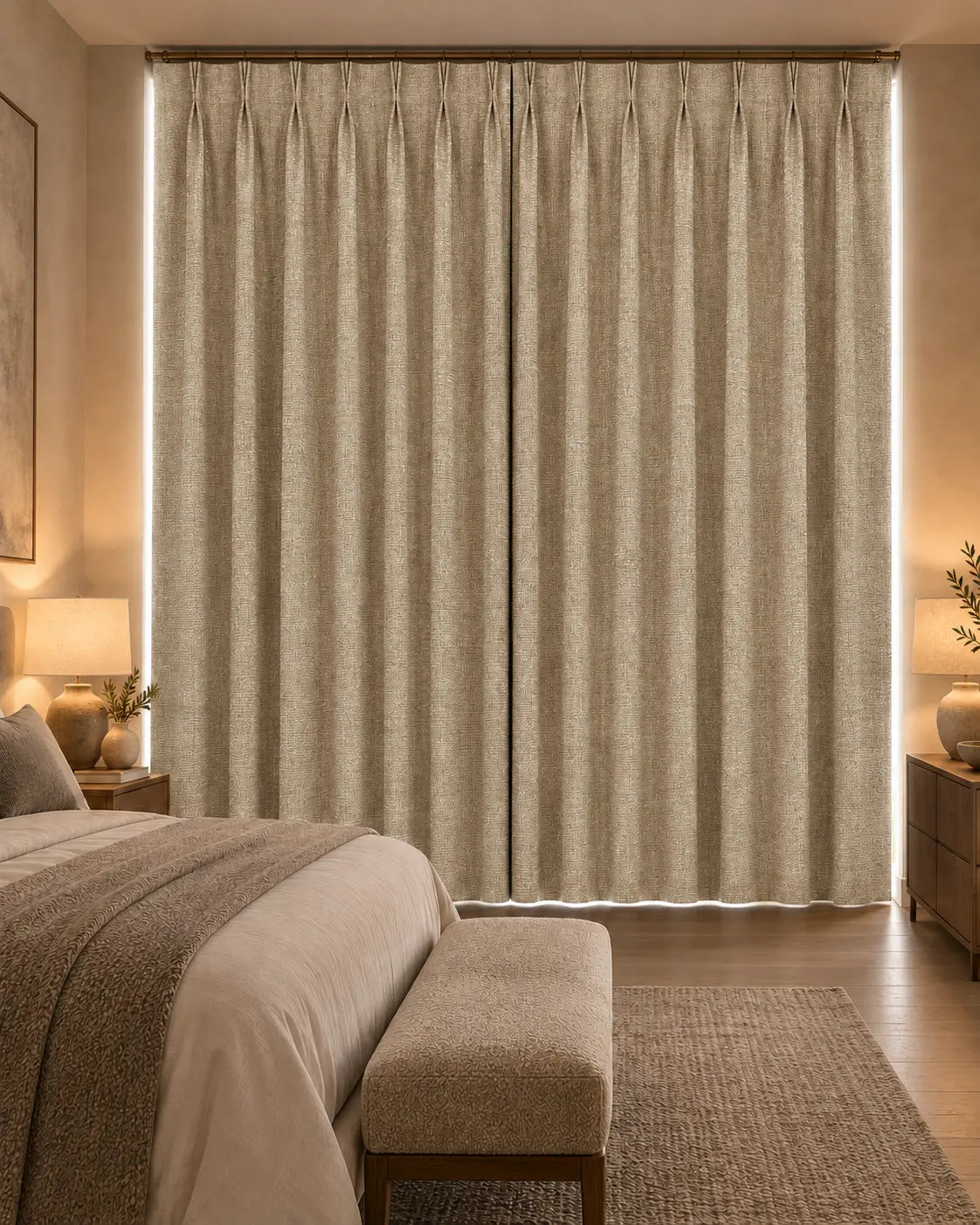 Double rideaux Merino 15 en situation dans une chambre, occultant non-feu, coloris taupe