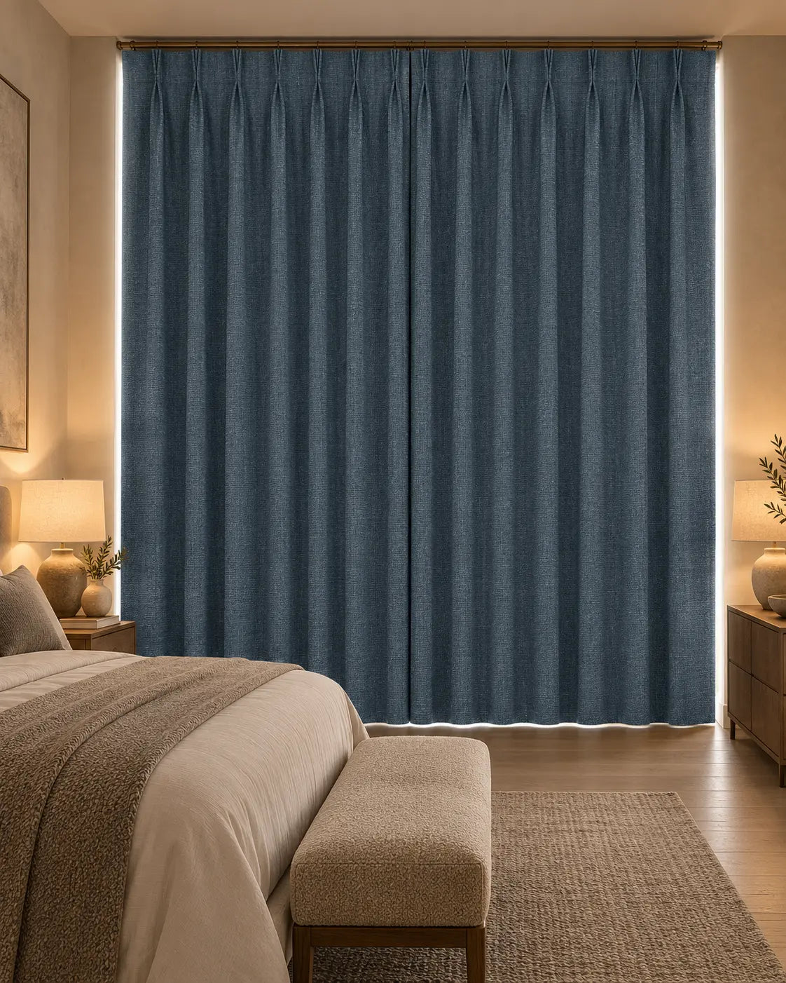 Double rideaux Merino 16 en situation dans une chambre, occultant non-feu, coloris bleu nuit