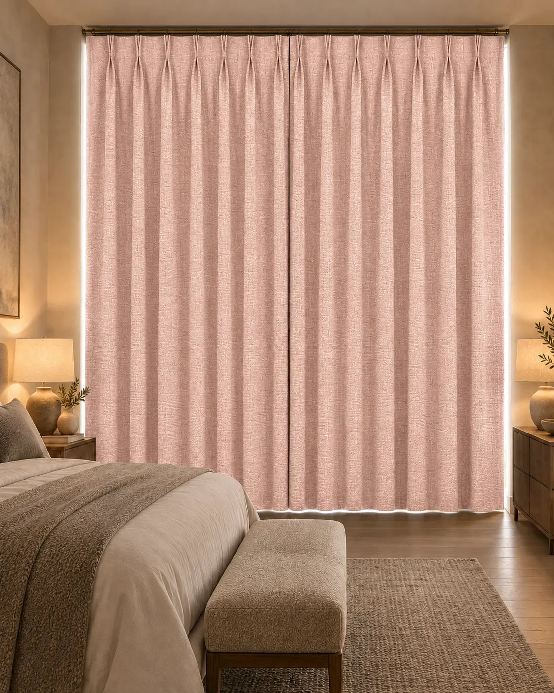 Double rideaux Merino 2 en situation dans une chambre, occultant non-feu, coloris rose poudré