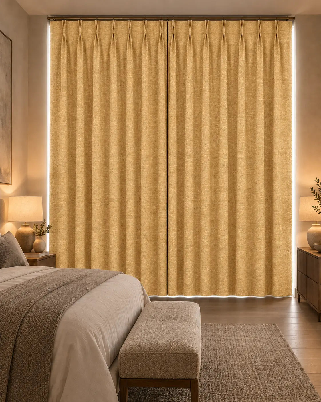 Double rideaux Merino 3 en situation dans une chambre, occultant non-feu, coloris ocre