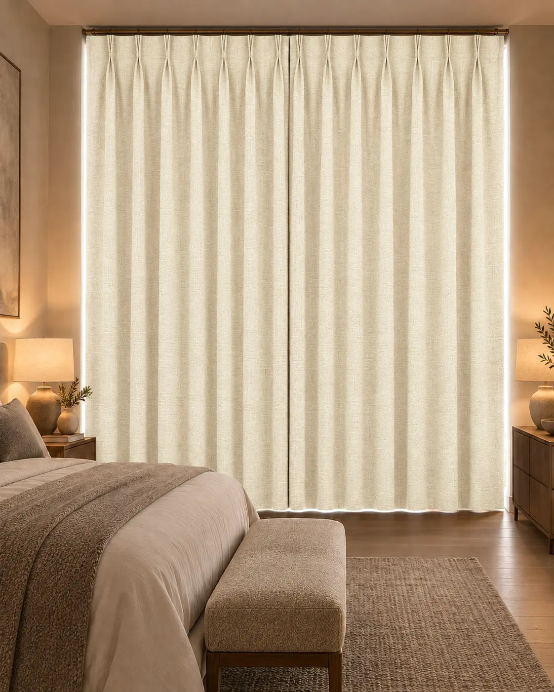 Double rideaux Merino 4 en situation dans une chambre, occultant non-feu, coloris ivoire