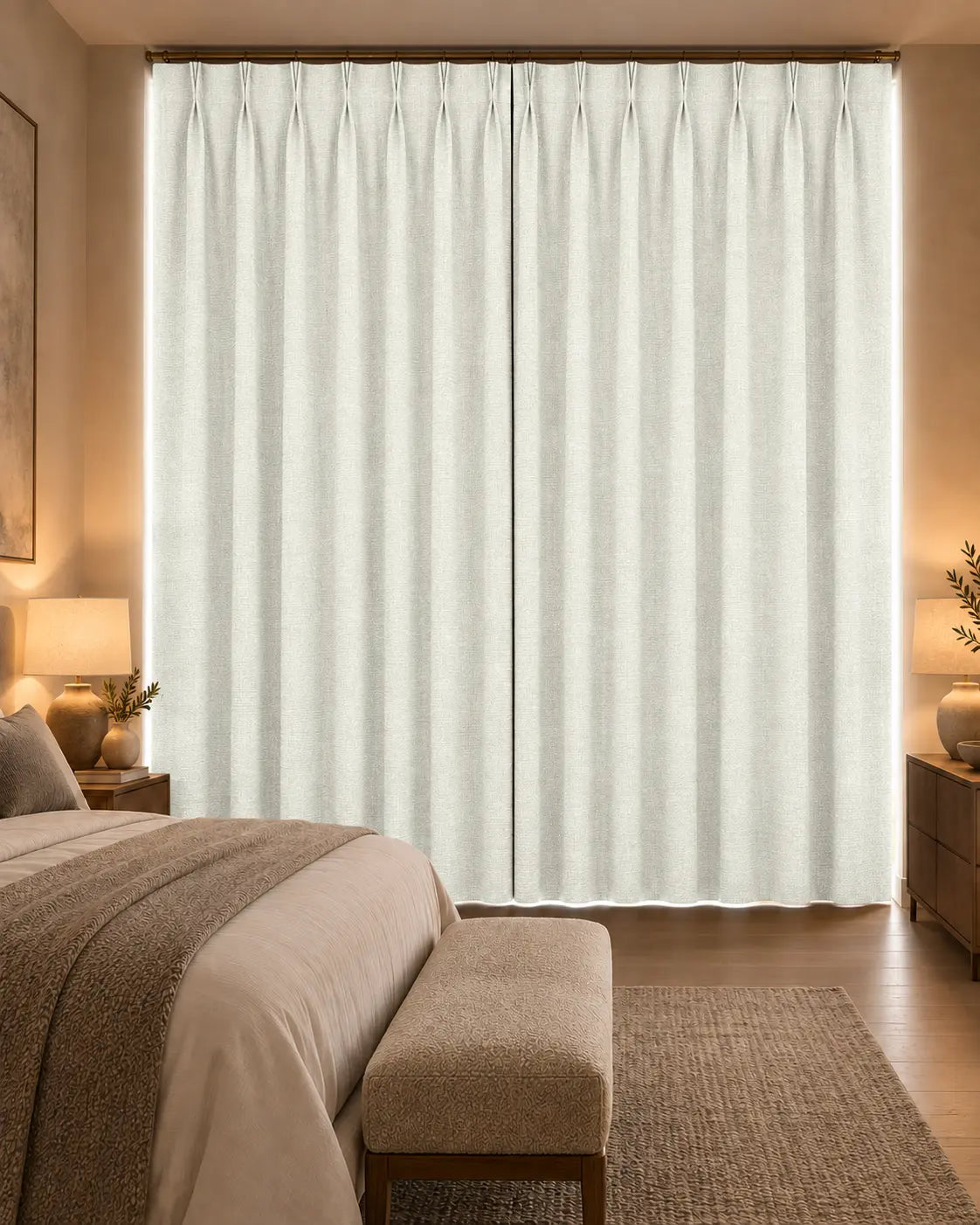 Double rideaux Merino 5 en situation dans une chambre, occultant non-feu, coloris blanc