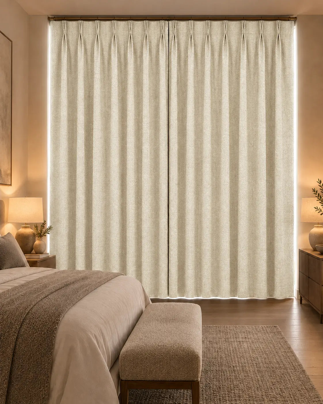 Double rideaux Merino 6 en situation dans une chambre, occultant non-feu, coloris sable