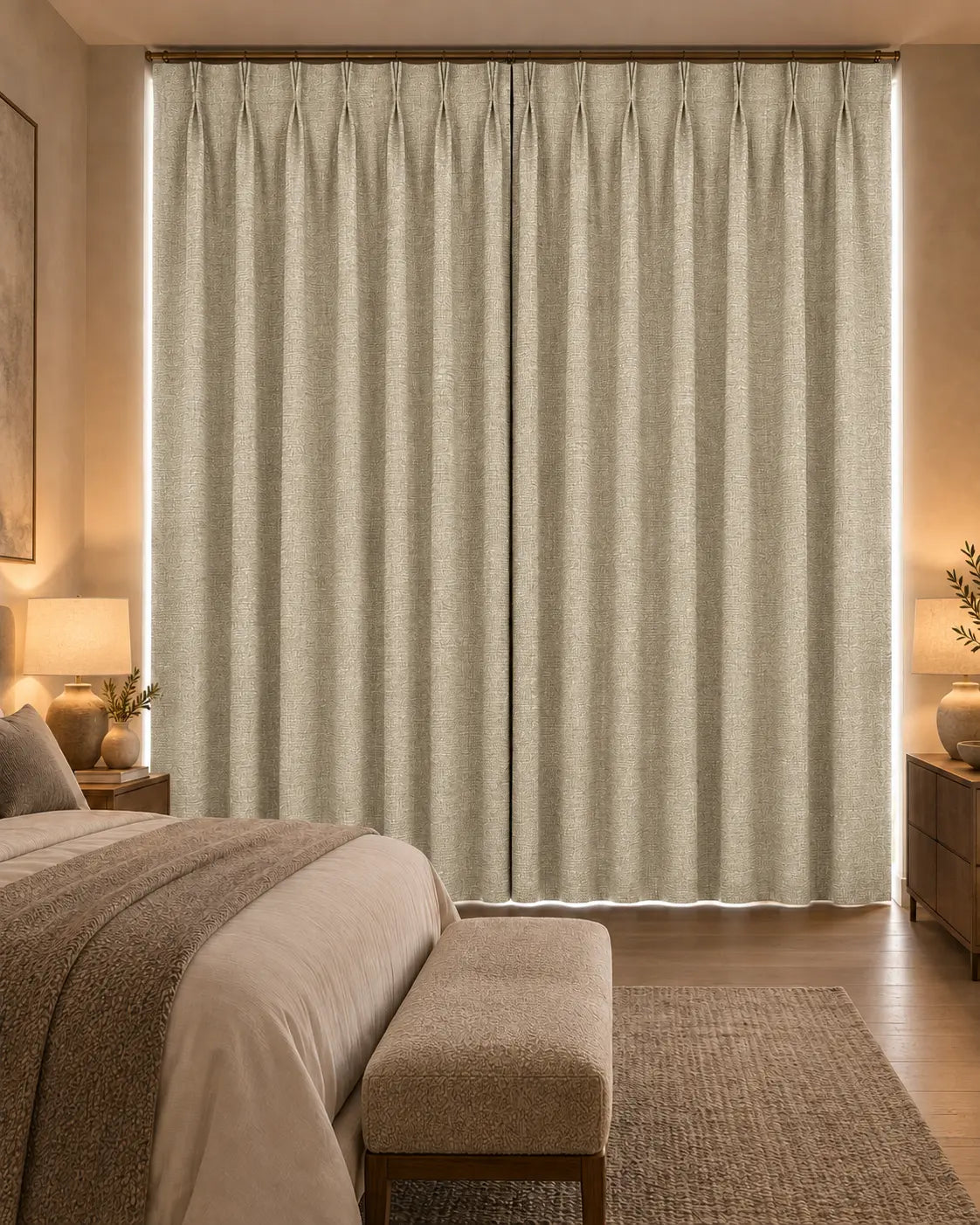 Double rideaux Merino 7 en situation dans une chambre, occultant non-feu, coloris greige