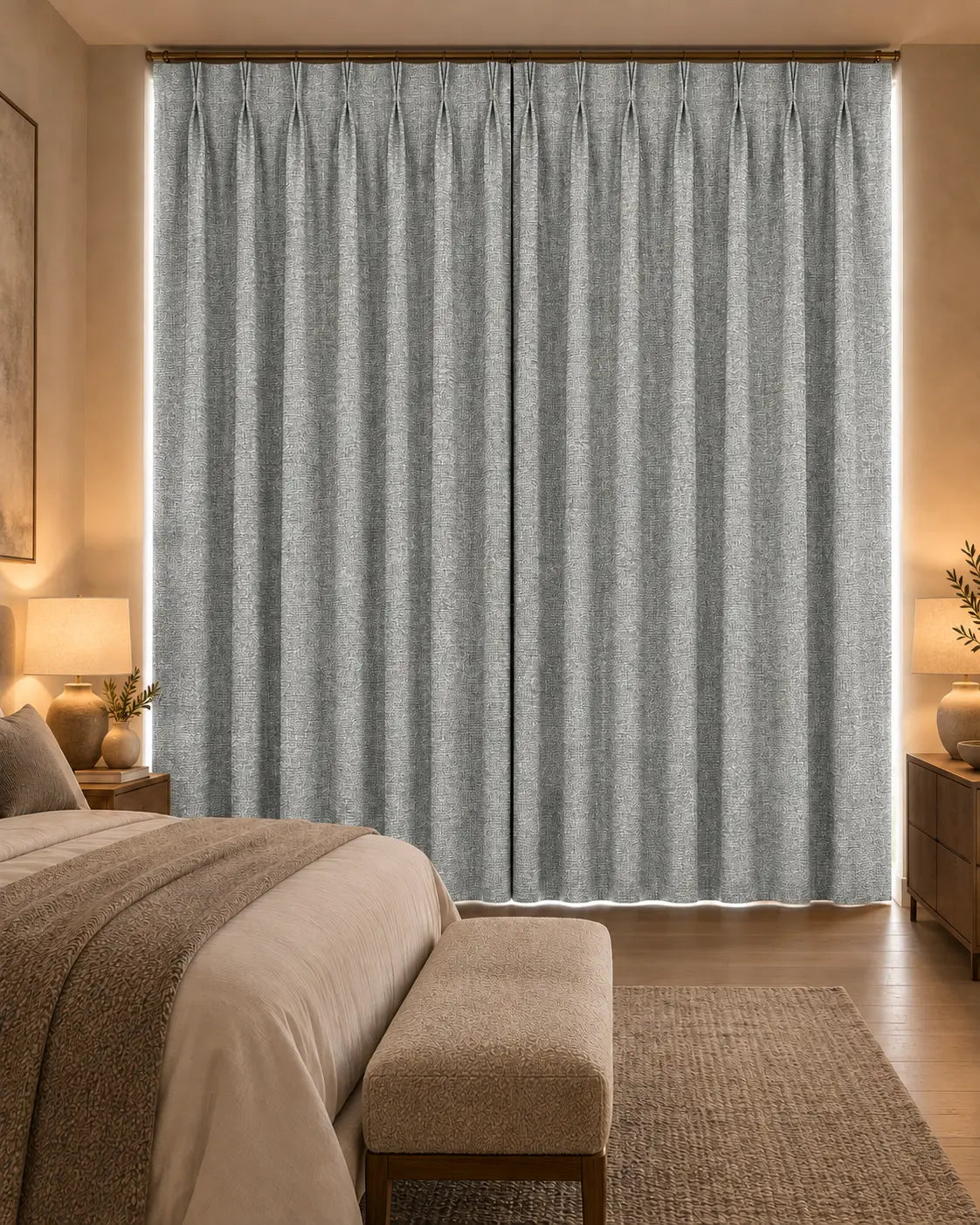 Double rideaux Merino 8 en situation dans une chambre, occultant non-feu, coloris gris