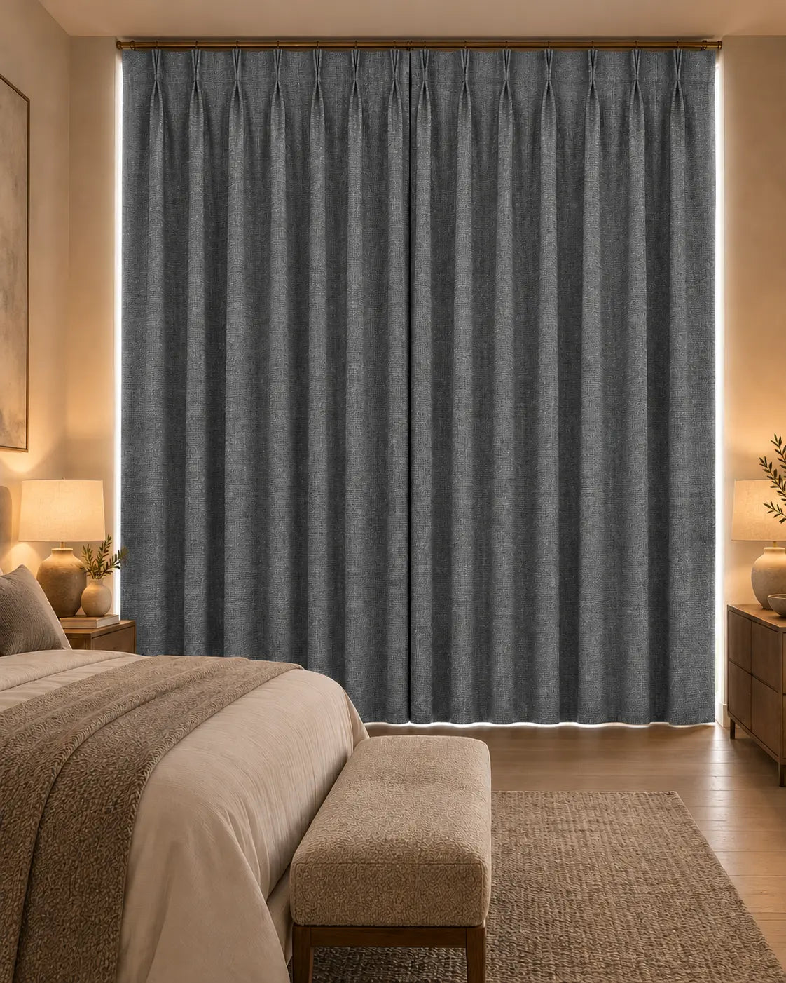 Double rideaux Merino 9 en situation dans une chambre, occultant non-feu, coloris gris anthracite